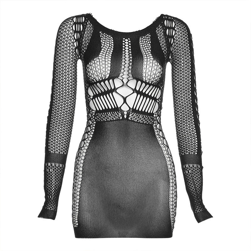 Fashionable long sleeved mesh dress sexy slim fit hip hugging dress