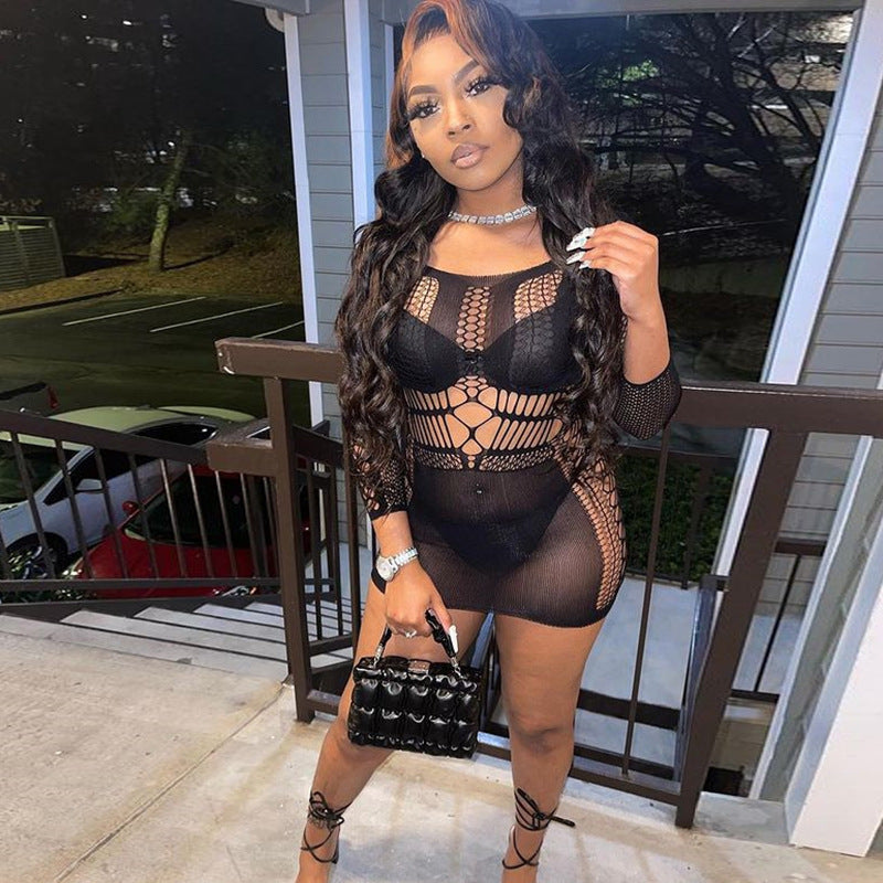 Fashionable long sleeved mesh dress sexy slim fit hip hugging dress