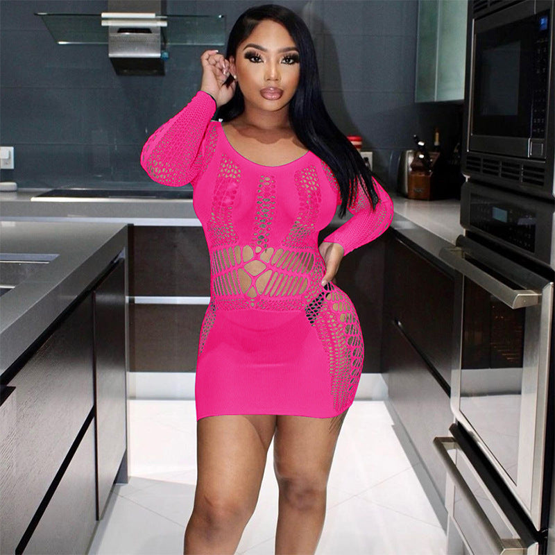 Fashionable long sleeved mesh dress sexy slim fit hip hugging dress