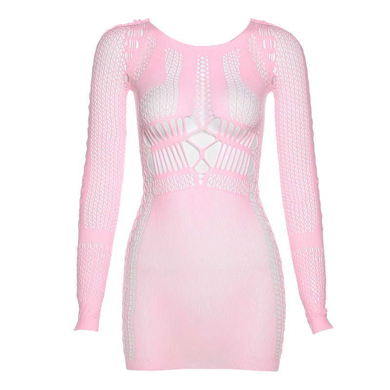 Fashionable long sleeved mesh dress sexy slim fit hip hugging dress