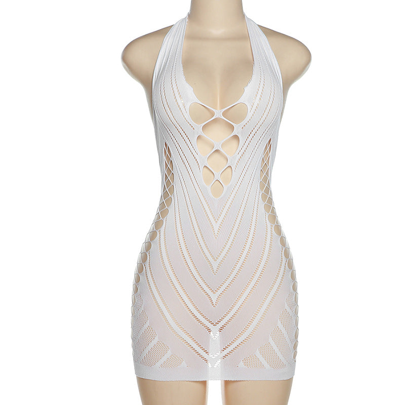 Sexy lace sexy mesh dress with hanging neck and exposed backpack buttocks dress