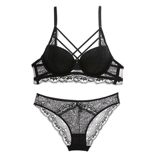 Classic Bandage Black Bra Set Push Up Brassiere Thick Cotton Underwear Set Sexy Bras Lace Embroidery Gather Women Lingerie Sets